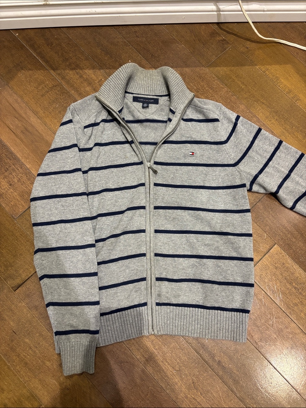 Tommy Hilfiger Gray Zip-Up Sweater with Navy Stripes